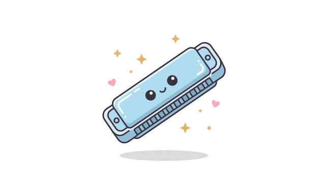 Cute blue harmonica with smiling face and sparkles.