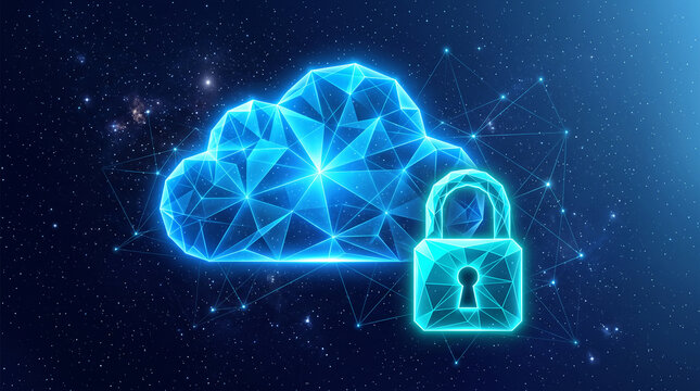 Geometric cloud and padlock glowing on a starry night sky, symbolizing digital security, data protection, and cloud computing, representing safety.