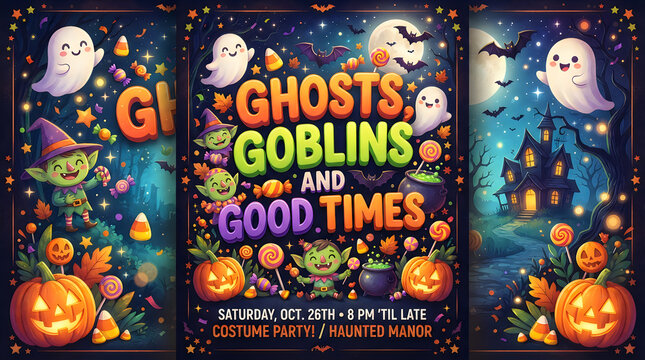A festive halloween background featuring cute cartoon ghosts goblins and pumpkins with vibrant colors and a magical starry night sky for seasonal holiday party invitations