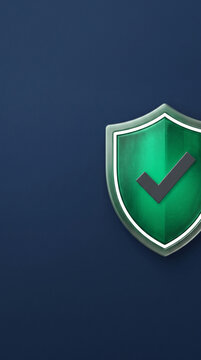 Green shield with a dark grey checkmark, representing security and verification, on a dark blue background, symbolizing protection and trust