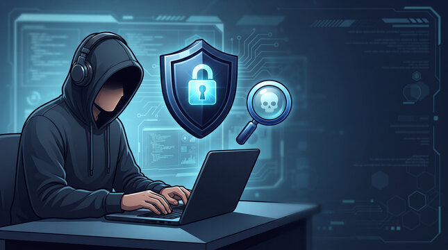 A hooded figure types on a laptop with a digital shield, lock, and skull magnifying glass symbolizing cybersecurity and threats.
