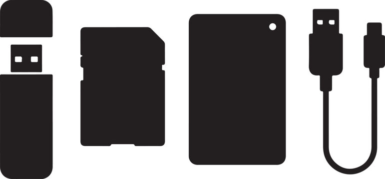 USB Flash Drive, Memory Card, External Drive, USB Cable Silhouette Vector Set