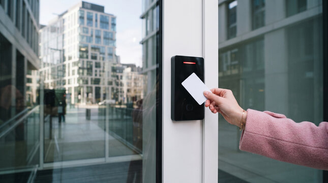 Hand holding blank card to access reader on building entrance, symbolizing security and access control, modern office concept.