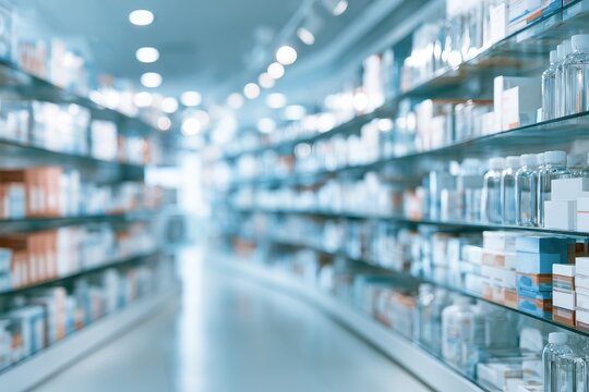 Modern medical store scene featuring shelves of medicine in a soft-focused backdrop