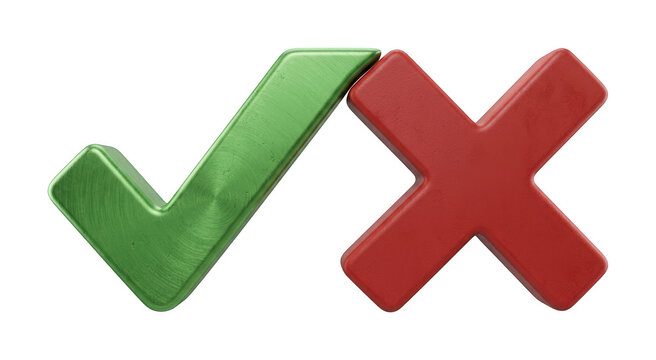 Green metal check mark and red plastic cross icon isolated for business evaluation tasks
