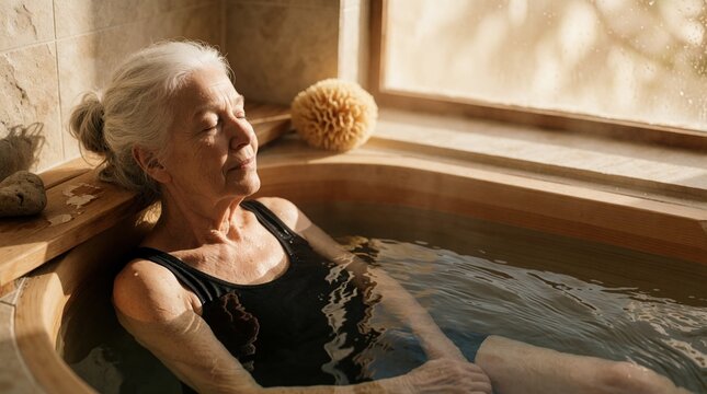 Senior woman relaxes in warm bathtub at home. Elderly lady enjoys peaceful bath time for wellness, self care. Calm female client feels calm, happy during spa treatment in cozy bathroom with natural