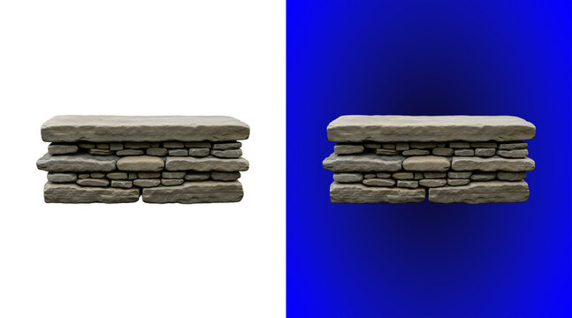A rectangular stone wall section or pedestal base with a layered rock texture, isolated on a white background, for architectural visualization