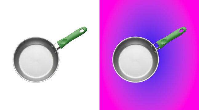 A round non-stick frying pan with a silver interior and a light green handle, isolated on a white background, for kitchenware product display