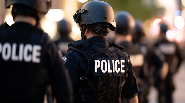 A team of police officers in tactical gear and helmets stand ready in a line during a street patrol, focusing on security and control