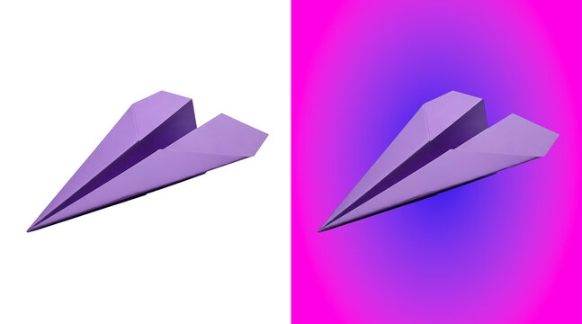 A simple purple paper airplane folded from a single sheet, isolated on a white background, for concepts, of travel, flight, and creativity