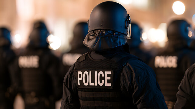 Police officers in riot gear stand in formation during civil unrest, wearing tactical helmets and protective vests in an urban setting at ni