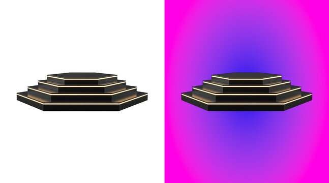 A three-tiered hexagonal display pedestal with black surfaces and gold trim, isolated on a white background, for product, and staging