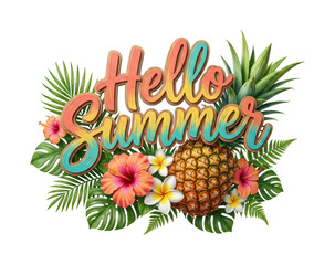 Hello summer typography with tropical pineapple and hibiscus flowers for seasonal branding © jabad
