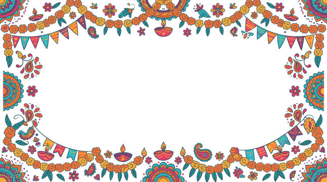 Festive Indian holiday background with traditional mandala, marigold flower garlands, and colorful bunting flags