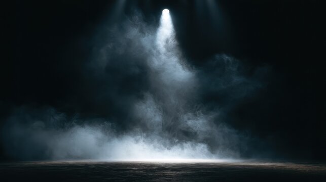 Moody black-lit backdrop featuring atmospheric haze and pale spotlight