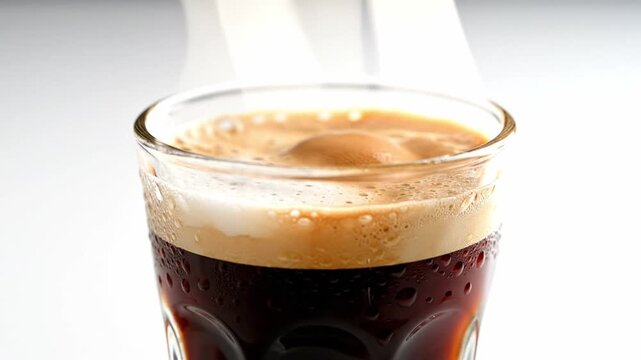 Chilled espresso drink rests in transparent glass with layered crema and dark liquid below. Moisture dots glass surface while pale steam curls upward on white backdrop, with ice cubes visible inside.