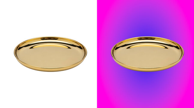 Polished gold circular metal tray or plate with a smooth reflective surface, isolated on a white background, for culinary or, display usage