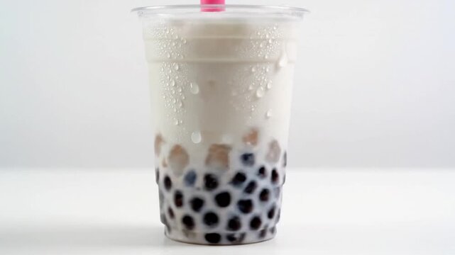 Bubble tea sits in clear plastic cup with black tapioca pearls. Condensation beads on outside as milky drink layers settle and pink straw rises from lid, showing chilled texture and creamy layers.