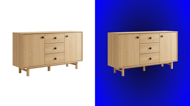 Wooden sideboard cabinet with three drawers and two doors, light wood grain storage furniture for living room isolated on white background