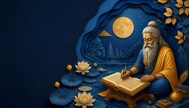 Ancient indian sage writing ancient scripture manuscript under full moon light with lotus flowers and deep blue layered paper art background