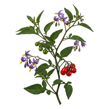 Bitter Nightshade Plant Branch Isolated On White Background, Solanum Dulcamara Vine Shrub Concept, Organic Texture Flora Top View, Macro Photography, Botanical Specimen, White Solid Background

