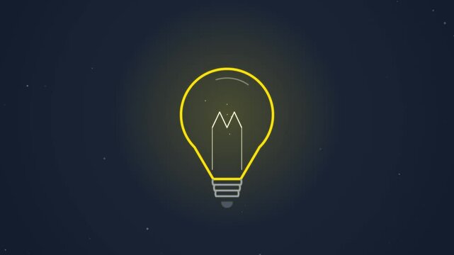 Minimalist glowing yellow lightbulb line icon on dark blue background representing business creativity, innovative ideas, and brainstorming concept