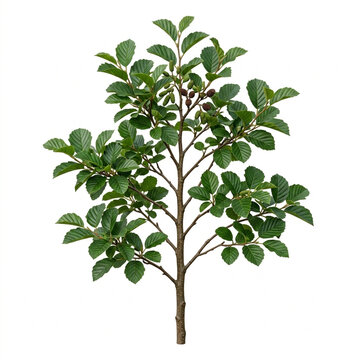Black Alder Plant Branch Isolated On White Background, Alnus Glutinosa European Alder Tree Foliage Concept, Organic Texture Tree Top View, Macro Photography, Botanical Specimen, White Solid Background