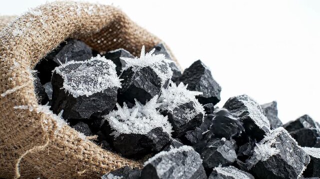 Pile of dark coal chunks with frost crystals spilling from a burlap sack representing energy resources and winter fuel isolated on white background