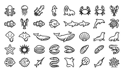 Marine Life and Ocean Animals Icon Set Featuring Whales Sharks Dolphins Sea Turtles Octopus Jellyfish Starfish Undersea Creatures And Aquatic Biology Line Art Vectors © MdFerdous