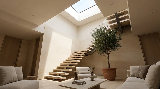 Floating wooden staircase and potted olive tree under square skylight