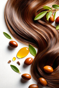 Long hair arranged with Moroccan oil and argan oil fruits on a white surface creates a natural and appealing display suitable for various uses