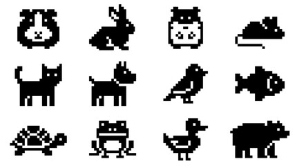 Fototapeta premium Diverse animal kingdom pixel art icon set.