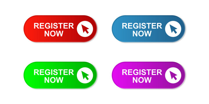 Colorful glossy web buttons featuring bold register now text and mouse pointer icons displayed as a set on transparent background