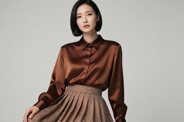 Fototapeta premium Model poses in brown satin shirt and patterned skirt. Elegant woman stands against a neutral studio backdrop. Fashionable attire suggests modern style and sophistication. Style looks chic.