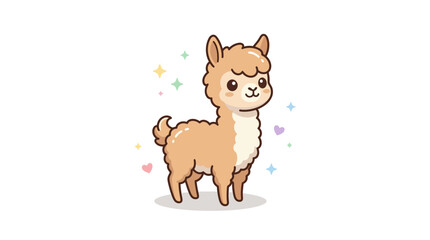 Fototapeta premium Fluffy brown alpaca character standing against a white background.