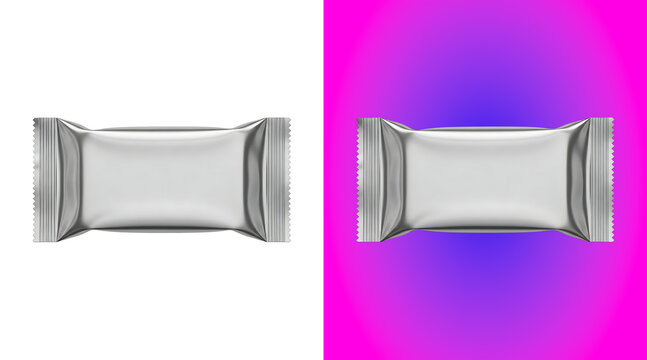 A single rectangular food snack bar in a shiny silver metallic foil wrapper, sealed at both ends, isolated on a clean white background, view