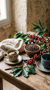 Elegant still life featuring coffee branches with ripe cherries, green leaves, roasted beans, linen fabric, and handcrafted ceramic cups arranged in a museum-quality composition, Coffee Day