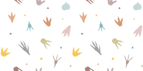 Fototapeta premium Cute dinosaur footprint pastel pattern on white background. Seamless childish vector design with dino tracks for kids wallpaper, carpet or baby room decoration.