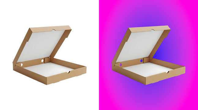 An open empty cardboard pizza box with a square shape, featuring a brown exterior and white interior, isolated on a white background, for use