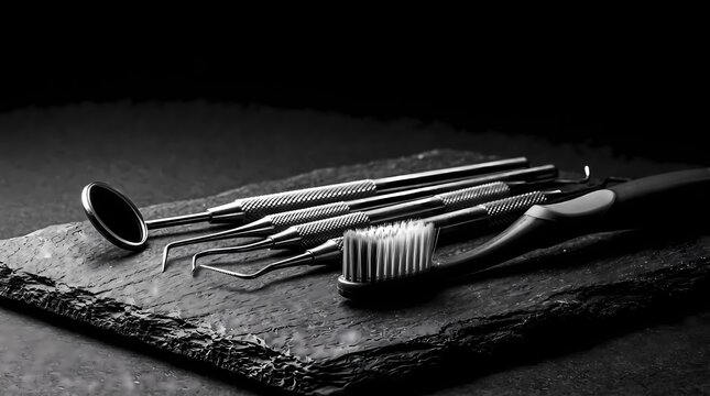 Professional Dental Care Essentials Arranged for Oral Health Examination and Daily Hygiene Maintenance on a Textured Dark Stone Background