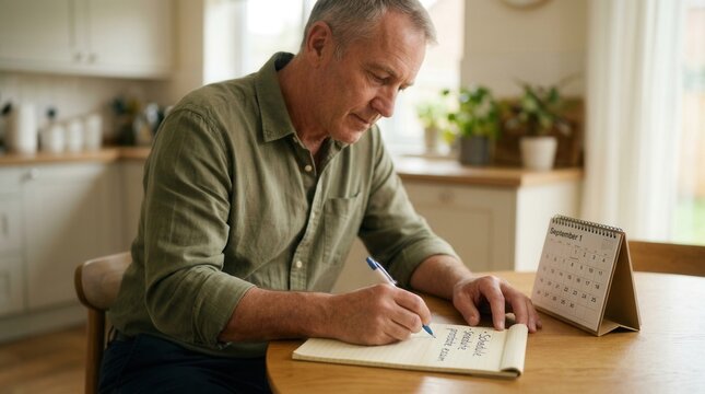 Senior Man Writing In Notebook By Desk Calendar