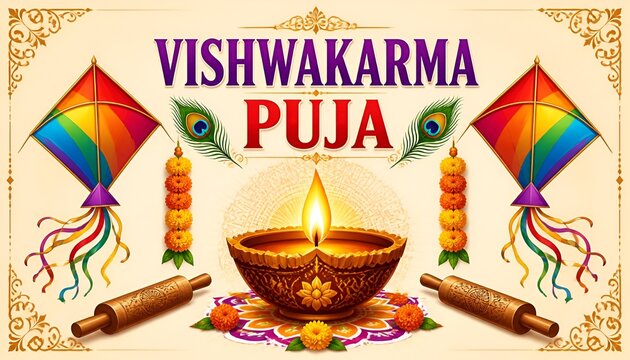 Vishwakarma Puja banner with colorful kites burning diya and marigold flower decorations
