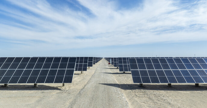 Central Path Between Solar Panel Rows in Gobi Desert Farm