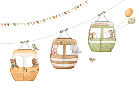 Set with watercolor colorful funiculars, cute animals, garland and balloons, isolated print of hand drawn symbols cable car, recreation, hobby, excursion, for kids room design, wallpapers or cards.