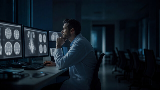 A lone radiologist at a workstation in an otherwise empty dark reading room at night, rows of unlit empty chairs receding into darkness on the right. Generative AI.
