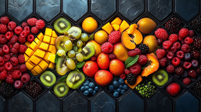 Colorful fresh fruit assortment on dark background