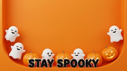 Fototapeta premium Halloween background with cute white ghosts and glowing jack o lantern pumpkins on an orange surface with the text s t a y s p o k y in black 3d letters at the bottom