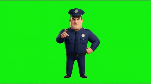 3D Animated Police Officer Character Standing and Posing on Green Screen Background.