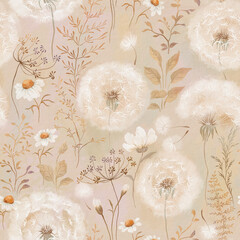Watercolor seamless pattern with dandelions, daisies, wild plants and wildflowers. Delicate floral...