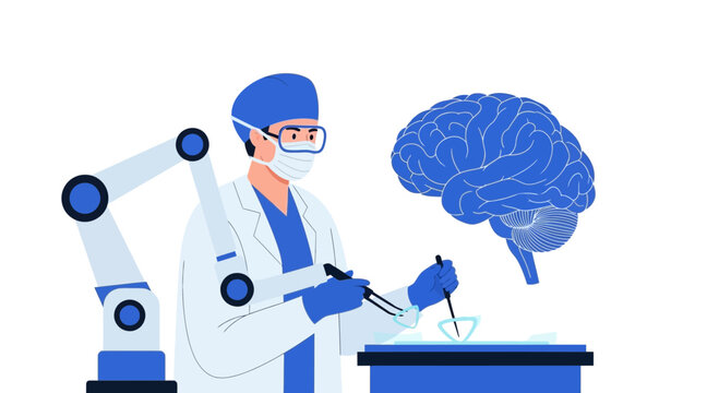 Robotic Surgery Concept with Surgeon and Brain Illustration, Advanced Medical Technology and Neurosurgery Vector Art for Healthcare Innovation